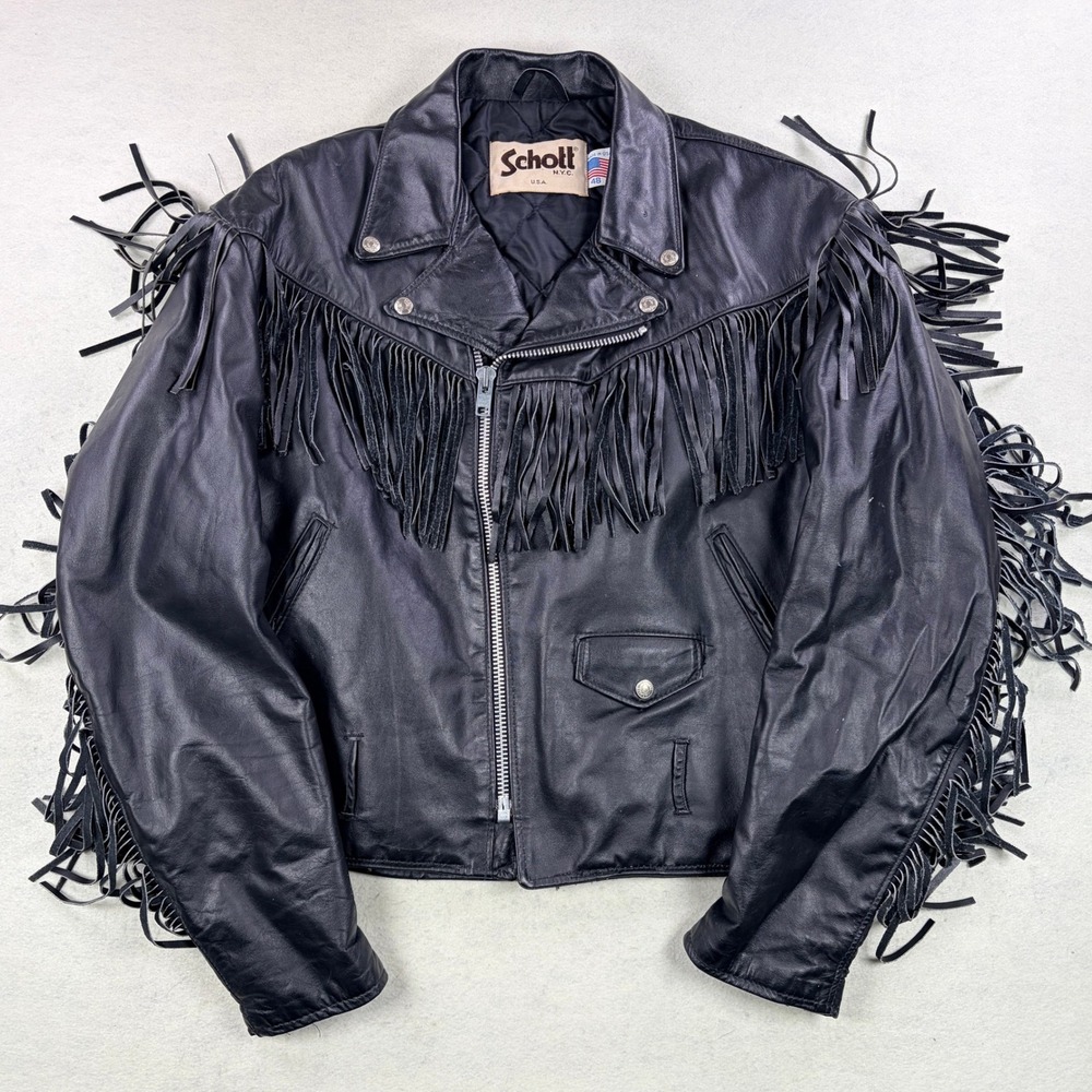 Schott NYC Mens Black Leather Fringe Biker Jacket Made in USA Size 48 Vintage